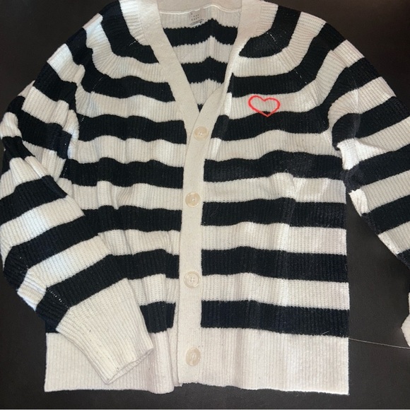 a new day Sweaters - a new day Black and White Striped Cardigan with Red Heart